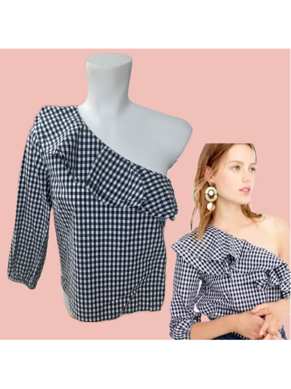 J.Crew Gingham One Shoulder Ruffle Top Size 8 Cotton Navy White